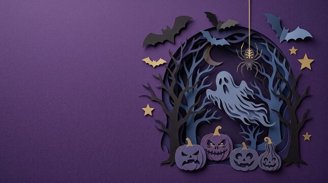 Spooky Halloween paper craft forest scene with ghost pumpkins bats and moon against purple background