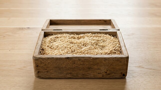 Wooden box filled with sawdust shavings on a wooden surface, top view