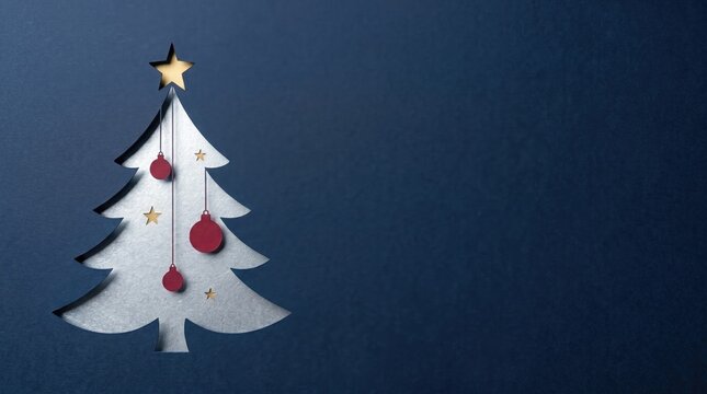 White paper Christmas tree decoration with baubles against a deep blue background