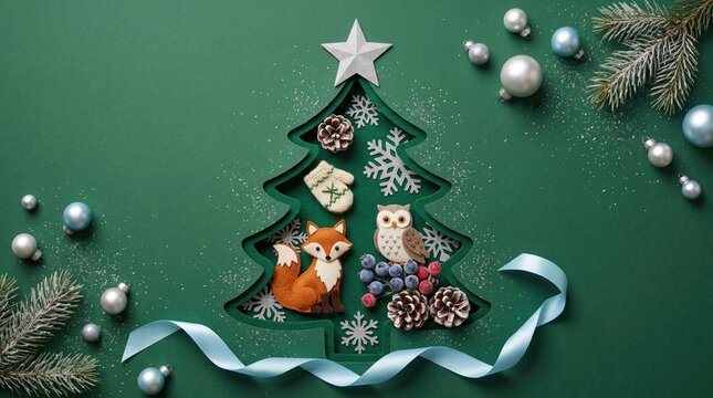 Whimsical Christmas tree silhouette filled with woodland creatures and festive treats