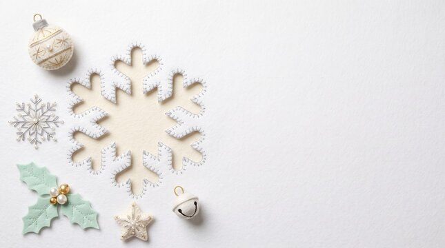White snowflake ornaments and holly sprigs on a plain background with copy space