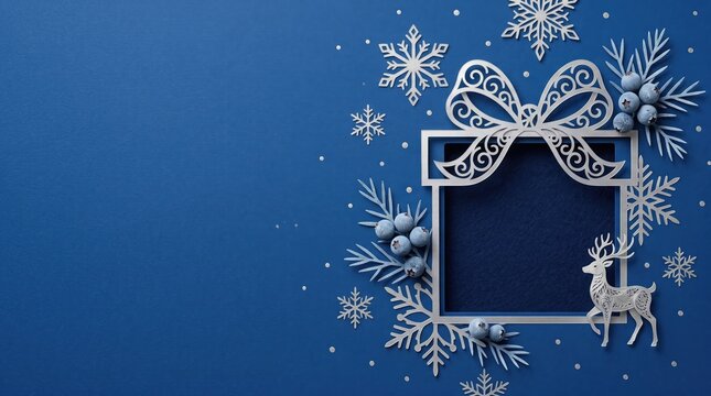 Winter gift box with snowflakes and reindeer on blue background
