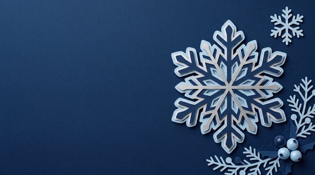 Winter snowflake decoration against a deep blue background with copy space