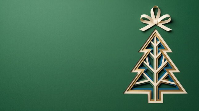 Wooden Christmas tree cutout with beige bow against dark green backdrop
