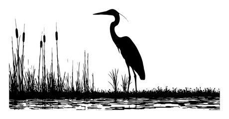 Fototapeta premium Heron standing among wetland reeds