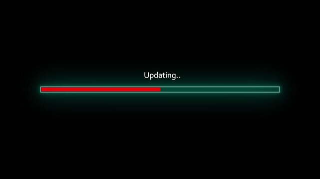 cyan glowing updating text sign with sleek linear progress bar motion graphic element .