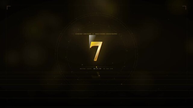 Elegant golden luxury precision digital countdown from nine to one, against a dark, tech-inspired background with glowing bokeh and intricate graphic elements, perfect for corporate events, movie i...