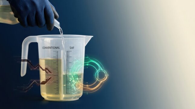 Person pouring liquid from transparent fuel measuring jug to visualize sustainable aviation fuel scales conventional saf