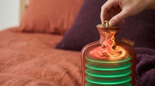 Person holding lit hot water bottle to visualize thermal energy storage with premium design for home comfort and warmth