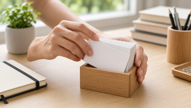 Hands sorting blank index cards into wooden organizer