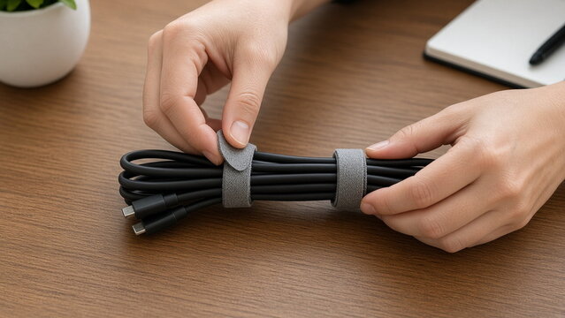 Hands bundling charging cables with fabric cable ties