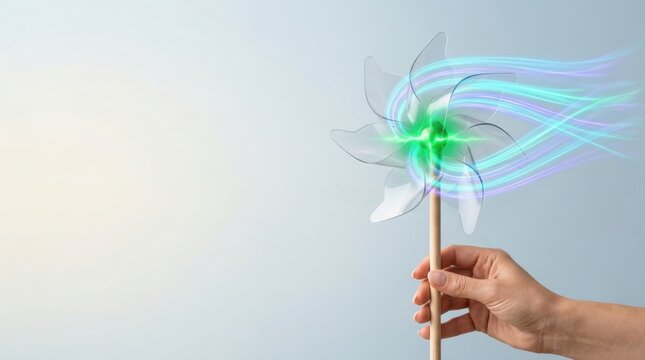 Hand holding a colorfully colored pinwheel with translucent blades representing clean wind power generation concept