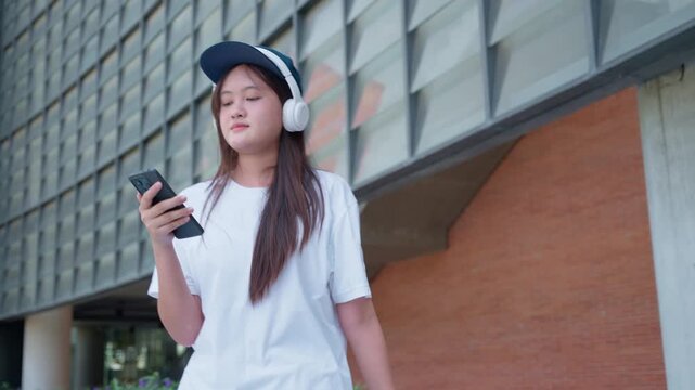 Teenager dancing joyfully with headphones and smartphone, representing youth lifestyle, music enjoyment, freedom, and wellness in outdoor urban environment with concrete columns, daylight