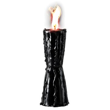 Black candle with melting wax and bright flame