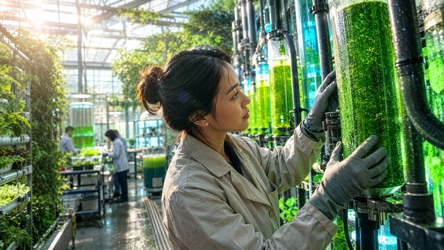 Female scientist examining microalgae in photobioreactor tubes