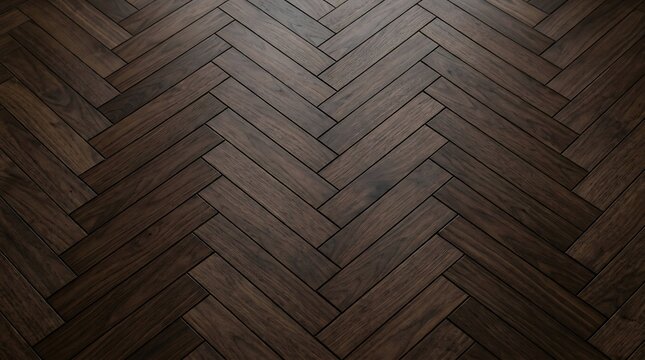 Dark brown wooden floor with a classic herringbone pattern arranged in a symmetrical geometric layout