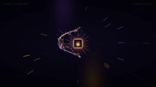 Futuristic AI Core Neural-X9 processor chip with glowing digital circuit elements and an evolving abstract interconnected data network, slowly zooming in through a dark technological background, sy...