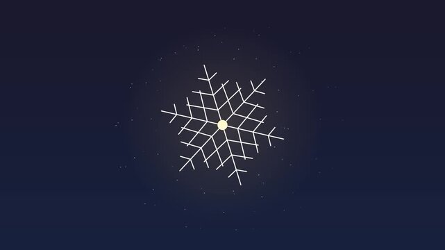 Single Geometric Snowflake Rotating Against A Dark Blue Night Sky Background