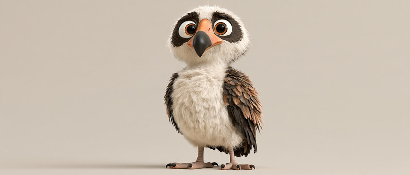 Cute fluffy owl character standing on a light background surface