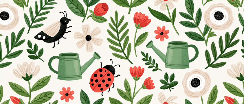 Cute spring garden pattern design with watering cans and flowers