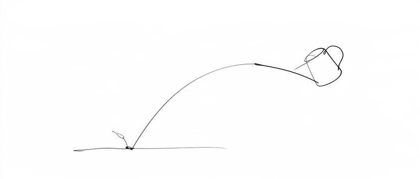 Minimalist line art illustration of a watering can and sprout