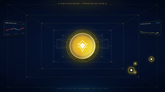Dynamic zoom through a futuristic digital tunnel displaying glowing yellow blockchain assets and financial data graphs. A central abstract emblem pulsates while holographic UI elements animate, sig...
