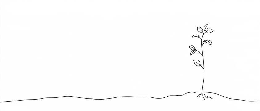 Minimalist pencil drawing of a growing plant sprout on white