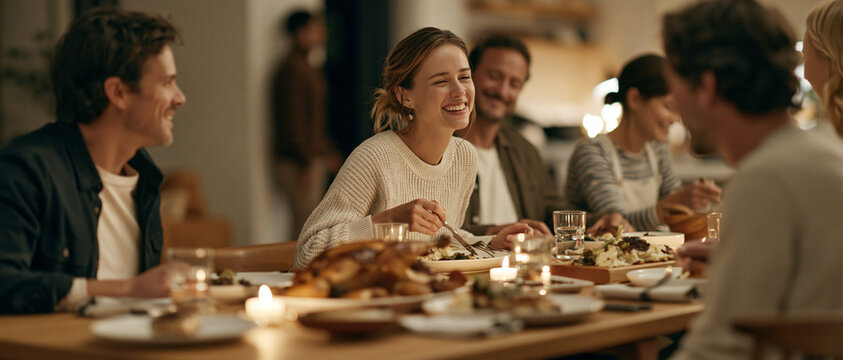 Family dinner scene with people eating together in a warm restaurant