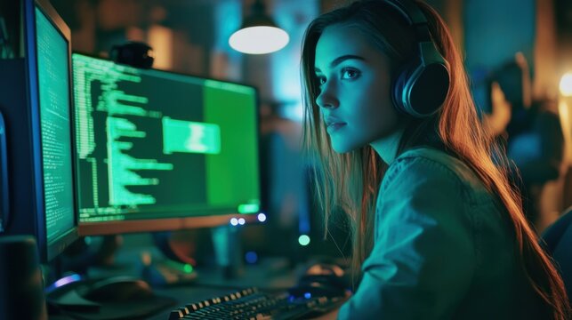 young woman coding on computer with headphones on