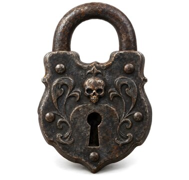 Old rustic metal padlock with embossed skull