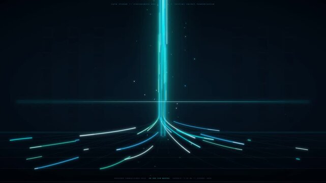 Dynamic digital data stream visualizes complex information flow and network connections, emanating from a central glowing blue energy pillar and spreading across a dark futuristic grid, showcasing...