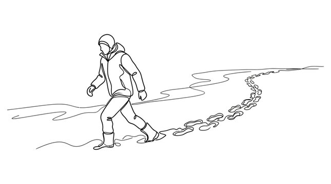 Single continuous line art of hiker walking on snow field with footprints