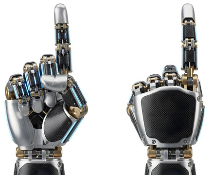 Detailed futuristic bionic robot hands showing pointing gestures from different angles on an isolated white background