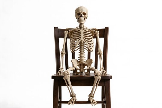 Full human skeleton sitting on wooden chair