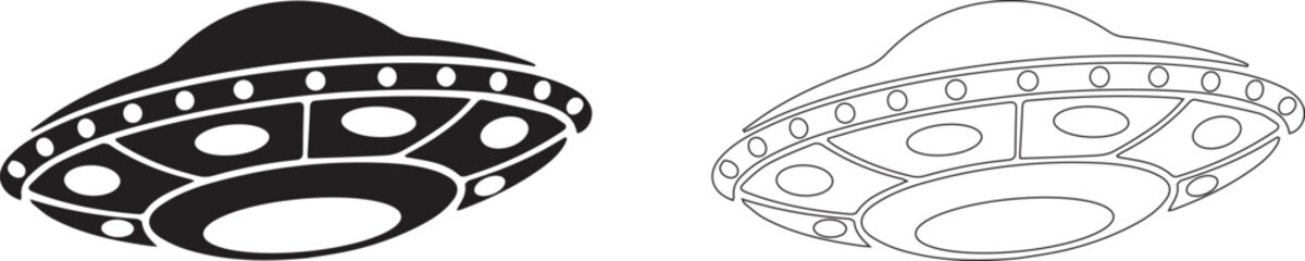 UFO abducting cannabis plant icon representing alien concept, marijuana culture and surreal theme in minimal outline style © malaika