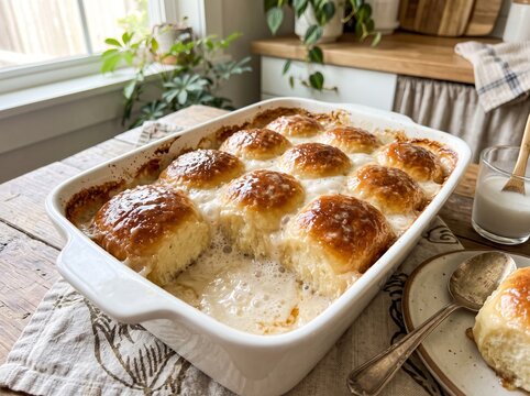 Freshly baked Samoan coconut buns pani popo swimming in sweet coconut sauce in a baking dish