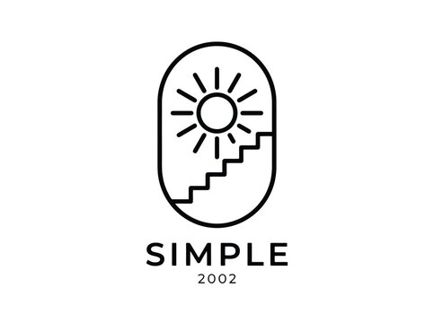 Minimalist logo design featuring a sun and stairs within an oval shape.