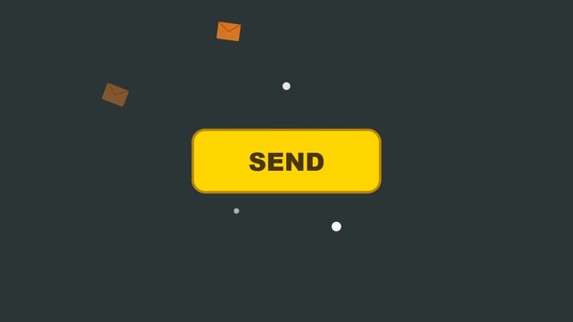 Yellow send button with animated floating email envelopes icon motion