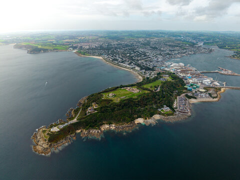 Aerial panorama landscape of Falmouth townscape in Cornwall, UK with Pendennis Head and castle