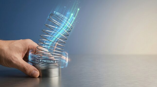 A hand compressing a flexible spring toy to visualize founder resilience as it rebounds to original shape