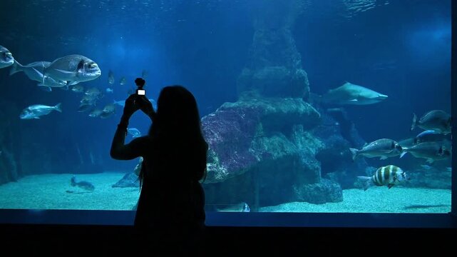Silhouette of woman enjoying aquarium visit and filming marine life, leisure and sightseeing, User Generated Content (UGC) Creator and peaceful recreational activity concept