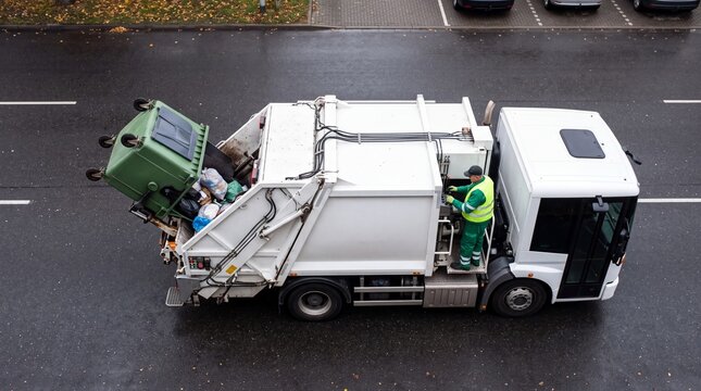 High Angle View of Garbage Truck Collecting Green Waste Bin on Suburban Street During Morning Trash Collection Routine