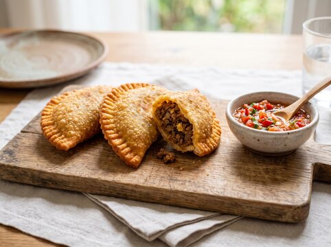 Golden fried cassava empanadas filled with minced meat on a wooden cutting board served with fresh tomato salsa