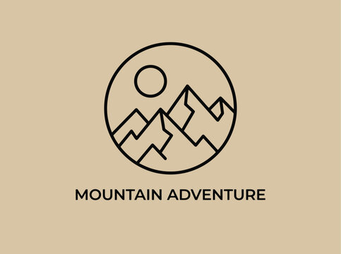 Minimalist mountain range with sun inside a circle logo design.