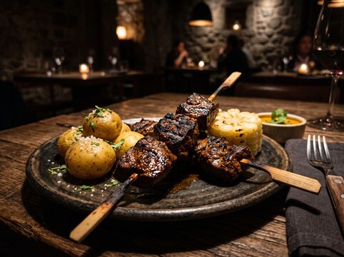 Grilled anticuchos skewers served with boiled potatoes and corn on a rustic table in a cozy restaurant