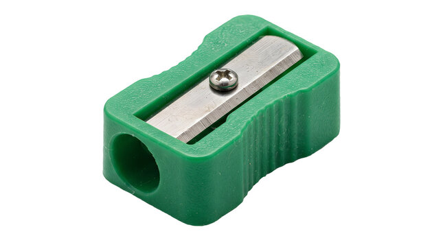 Green plastic pencil sharpener with metal blade for school supplies and office use.