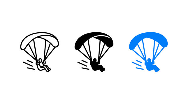 Paragliding icon design set with silhouette and outline vector graphics
