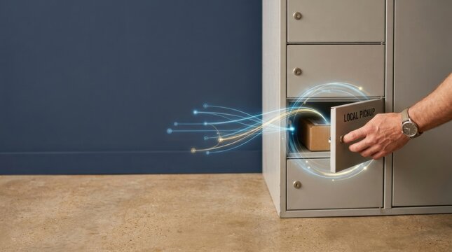 Man opening a safe door to access last-mile market visualized through compact parcel locker with local pickup label