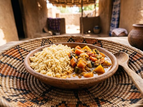 Traditional millet couscous with vegetable stew served in a clay bowl on a woven mat in a rustic village