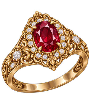 Luxury vintage gold ring with a large red ruby and diamonds